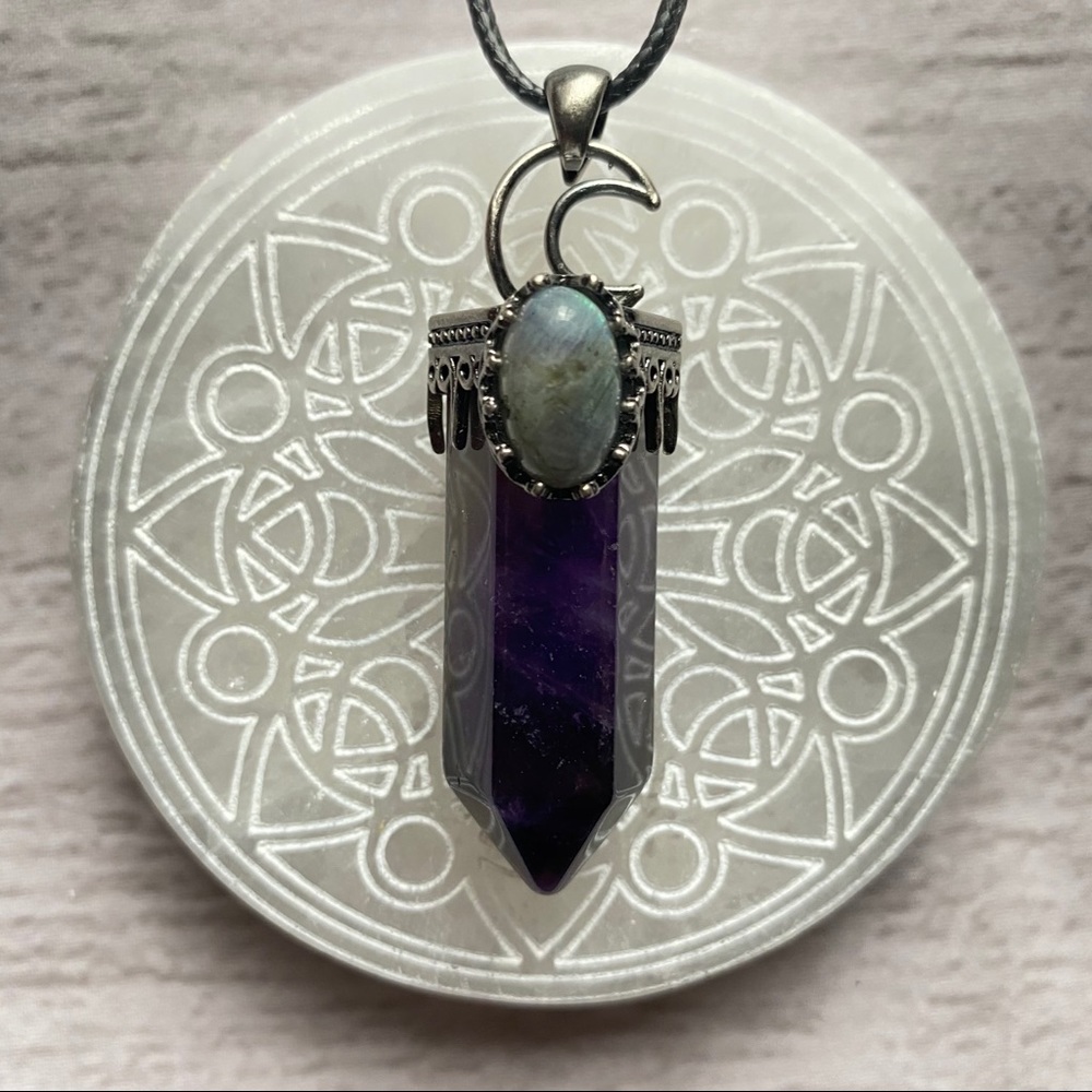 Amethyst, Hexagon, Labradorite & Moon Pendant